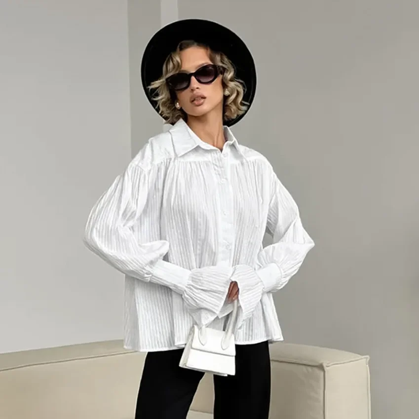 French Jacquard Cotton Shirt Women's Autumn Loose White Lapel Long-sleeved Shirt Niche Design Top
