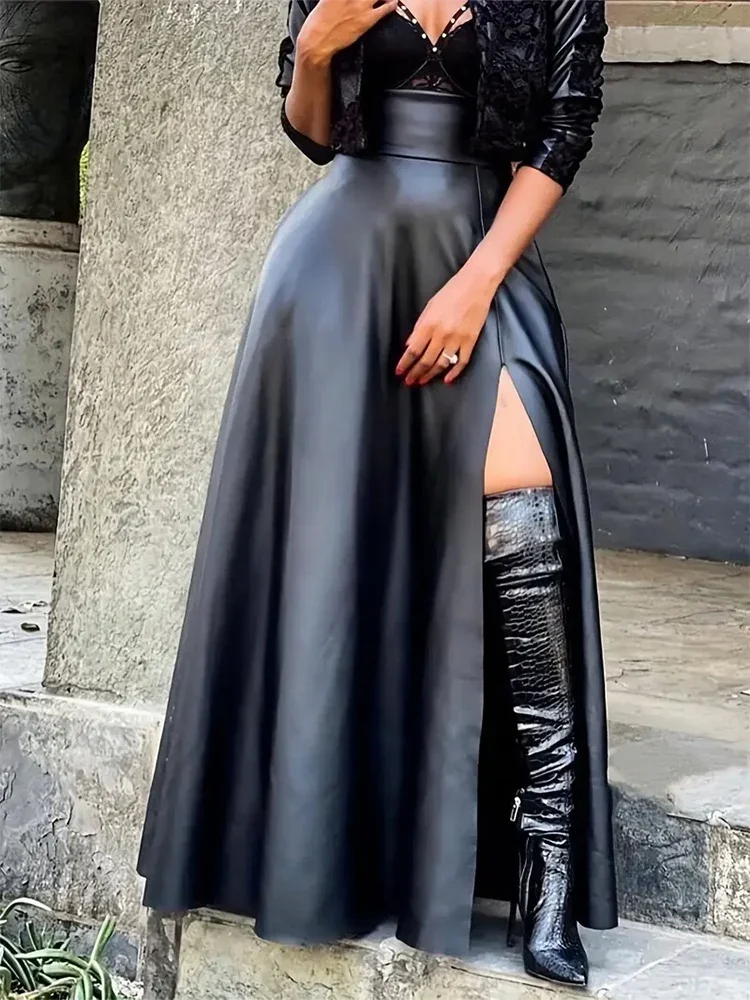 Women's Loose Black PU Long Skirts, Faux Leather, High Split, Floor Length, Elastic, High Waist, Pleated, A-Line, Summer