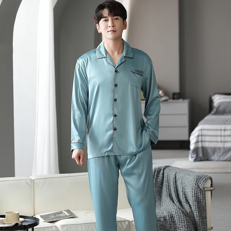 Men Satin Silk Pajamas Set Solid Long Sleeve Sleepwear Loose M-4XL Male Pijamas