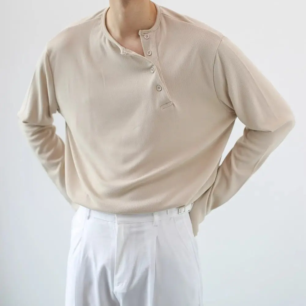 Korean Version Simple Cold Style Neckline Slanted Button Long Sleeve T-shirt Men's Spring Autumn Thin Style Ins Round Neck Top