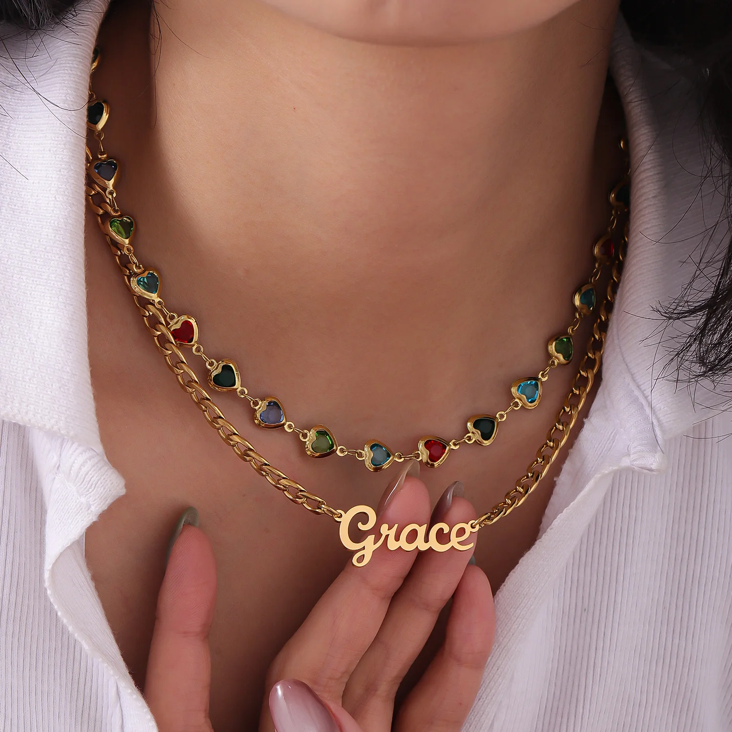 

Custom Name Necklace Gold Cuban Chain Double Layer Stackable Colorful Crystal Heart Hip Hop Jewelry for Men Women Christmas Gift