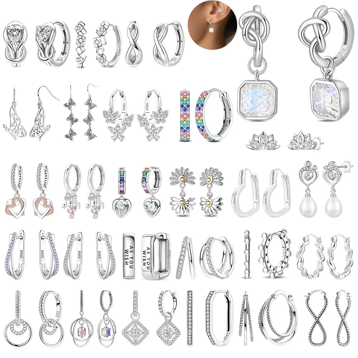 

925 Sterling Silver Hoop Earrings Geometry Constellation Sugar-cube Charms Fit Women Anniversary Wedding ​Making Jewelry Gifts