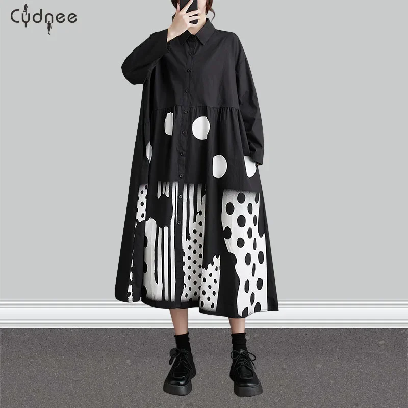 Japanese Yamamoto Dark Style Patchwork Polka Dot Print Loose Chic Street Fashion Women Spring Long Sleeve Casual Shirt Dresses