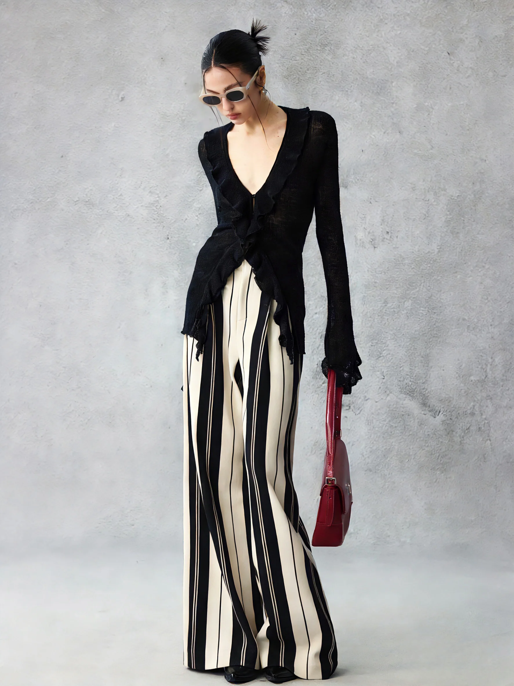 

MOSU Heavyweight Elastic Knitted High Waist Wide Leg Casual Pants Women's Loose Floor-Length Trousers Casual Striped Cotton