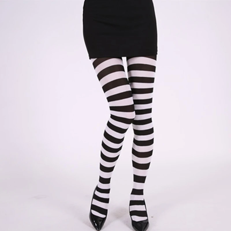 M2EA Soft Striped Long Tights Women Wide Horizontal Stripe Tights Opaque Hosiery Breathable Casual High Waist Elastic Legging