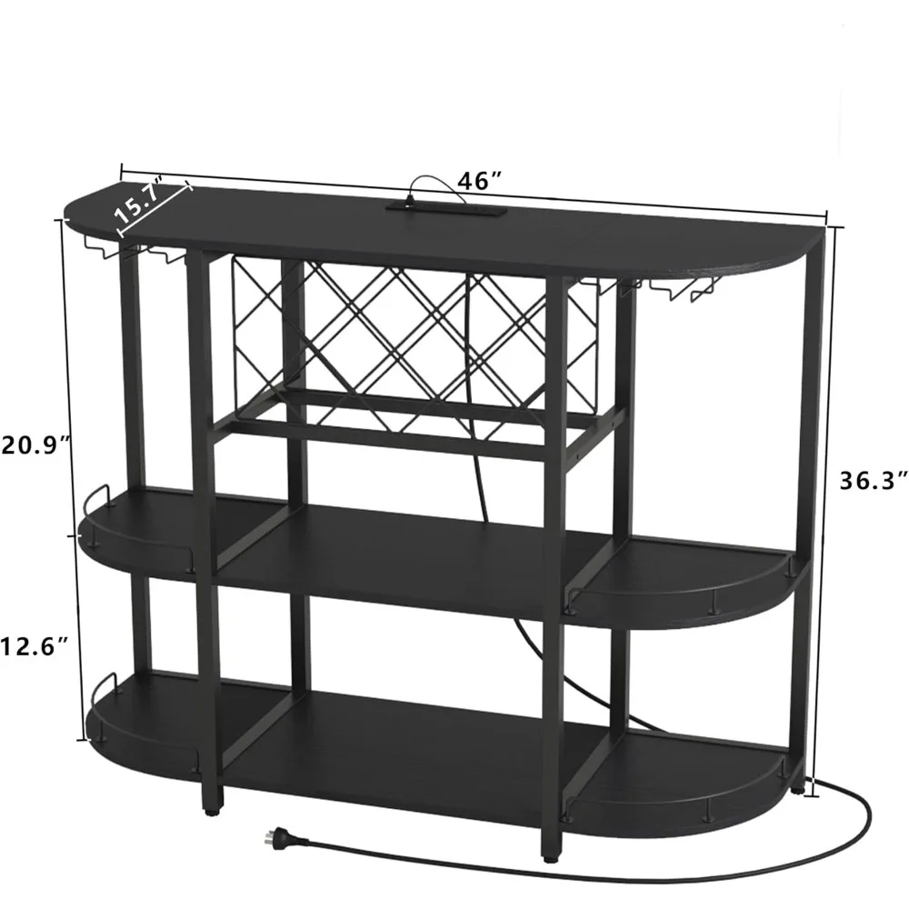 Coffee Table with Power Socket and LED Light, Three Tiers Coffee Bar Table Wine Rack Liquor Bar with Large Storage