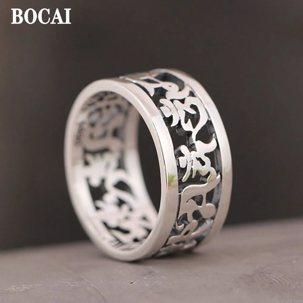 

Серебряные ювелирные изделия BOCAI Real S999, Ретро Матовая буддийская мантра с шестью символами, Модные полые мужские и женские кольца, хороший подарок