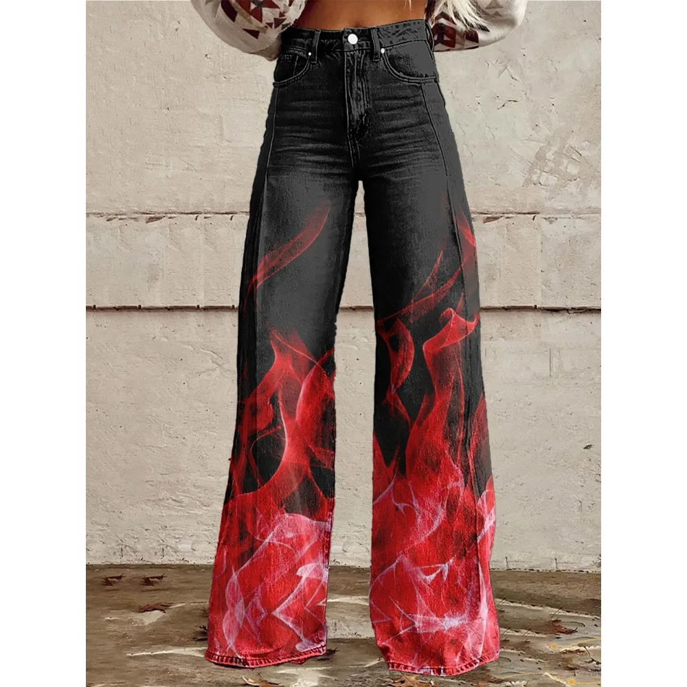 Women's High-Waisted Flare Pants with Gradient Purple Flame Print Retro Bell-Bottom Trousers for A Bold and Stylish Look