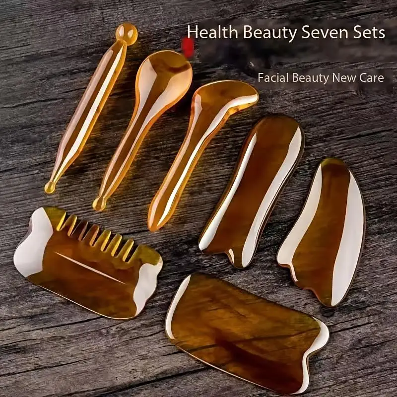 7pcs Amber Guasha Massage Tools Face Body Massage Beauty Tool Spa Skin Caring Neck Pain Relief Scraper Scraping Massage Board