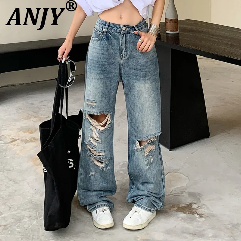 

ANJY Summer New Women's Punk Streetwear Hip Hop Distressed Ripped Jeans Stylish Washed Vintage Casual Straight Denim Pants A8028