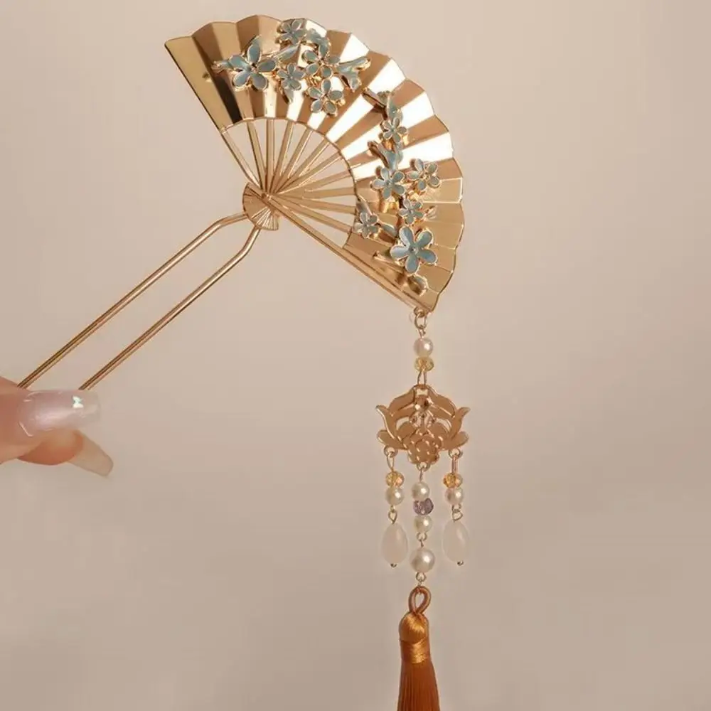 Elegant Fan Shape Tassel Hairpin Alloy Pearl Accent Hair Stick Neo-Chinese Styl Retro Pearl Fringe Hairpin Evening Wear