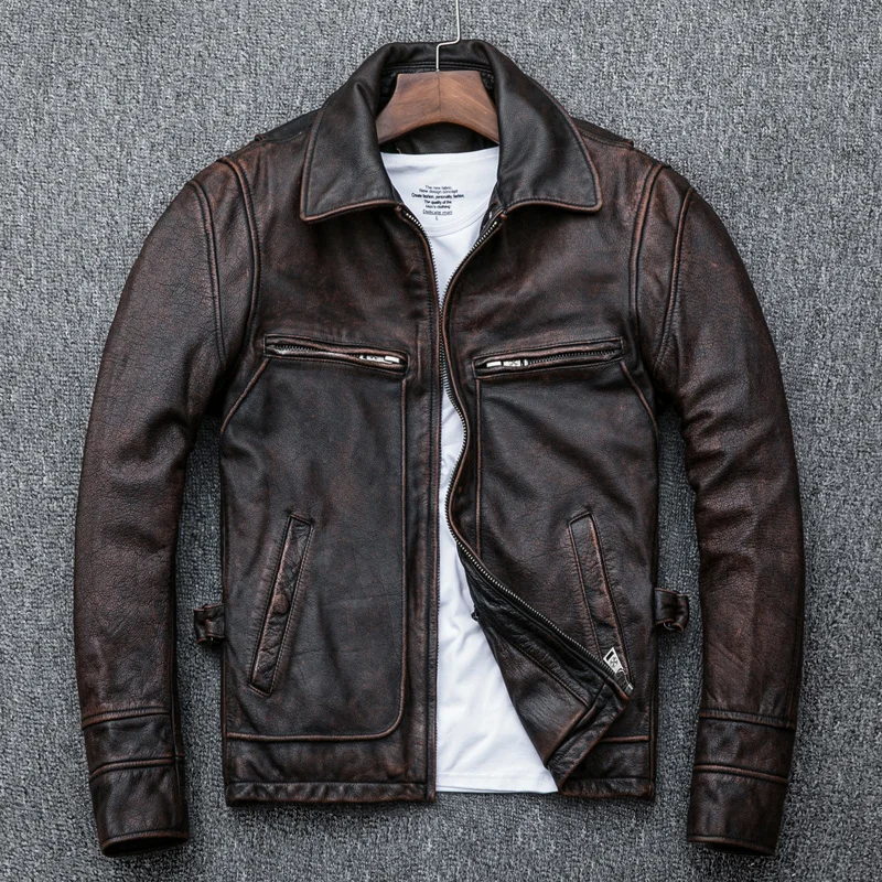 

shipping,Asian plus size Free mens genuine leather jacket,vintage brown casual cowhide coat,Brand new slim motor jackets.sales.