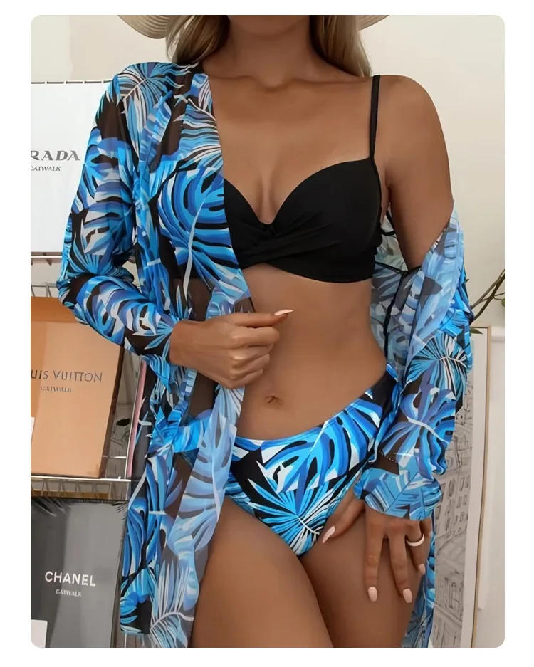 2024 Sexy Print 3 Piece Bikini Set Women Summer Boho Beach Swimsuit Bathing Suit Swimwear Beachwear Female Sexy Bra Costume