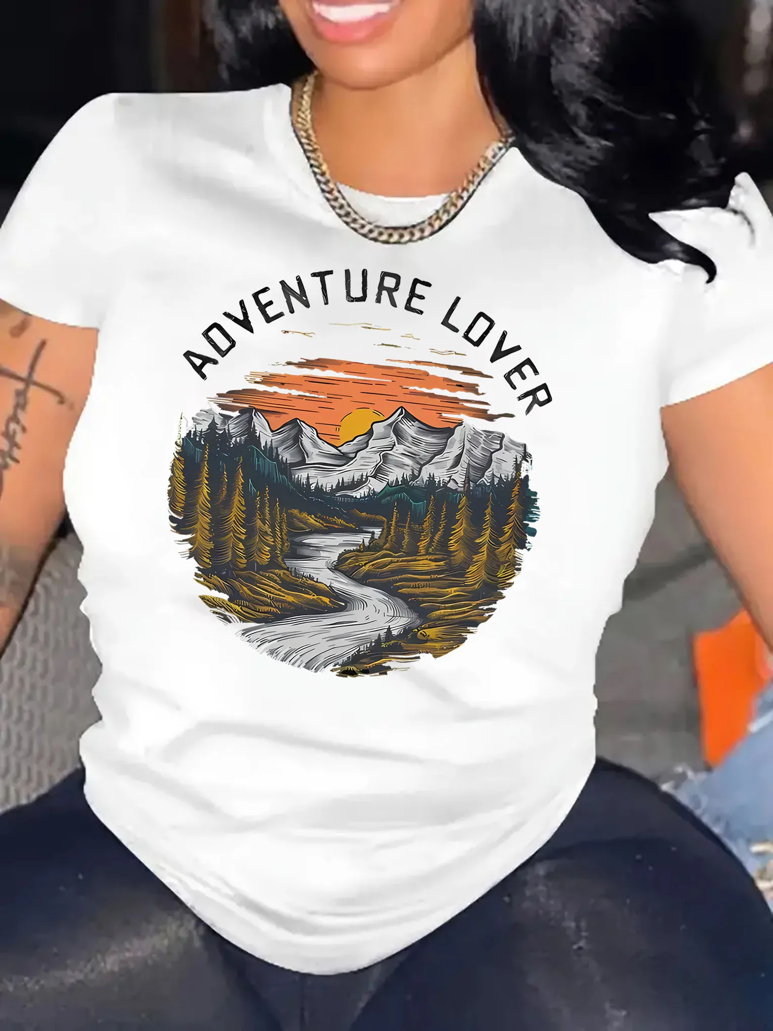 Creative Cartoon Mountain Print Women's Fashion Trendy Sleeve Simple Casual Sport Comfortable Summer Top for Vacation