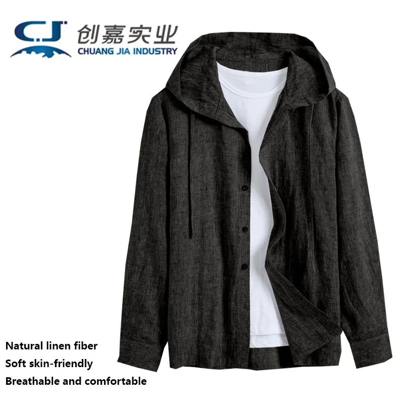 Spring Summer Natural Pure Linen Shirt Men's Loose Thin Hooded Cotton Linen Top Travel Sunscreen Anti Mosquito Pink Shirt