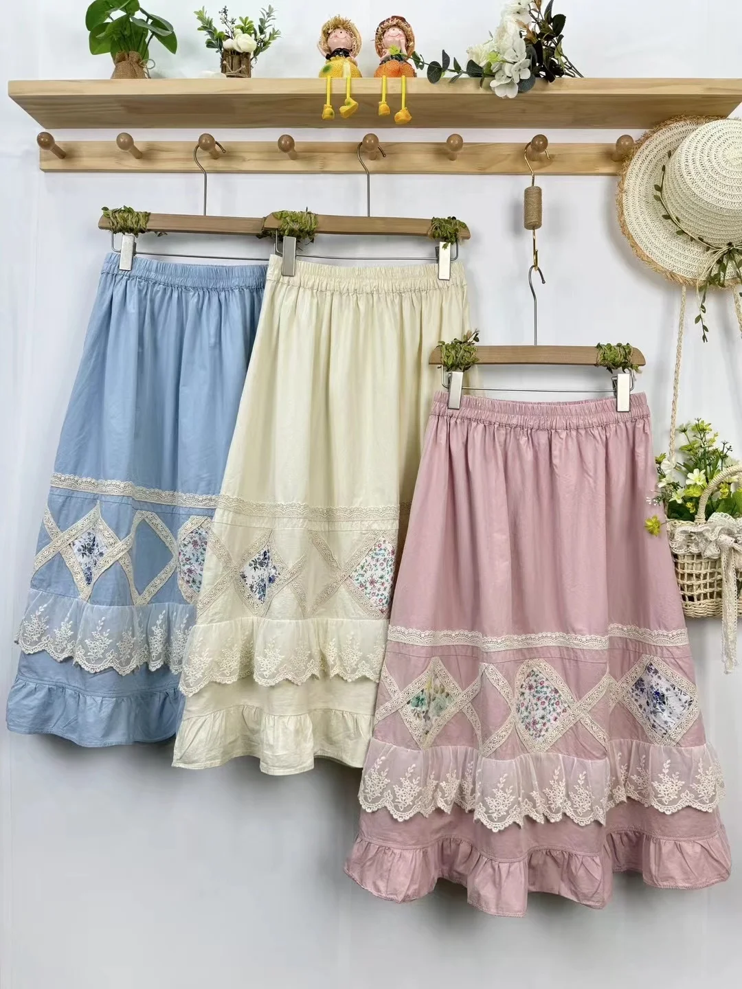 

Юбка А-силуэта Miaa с цветочным пэчворком, кружевной отделкой и эластичной талией, хлопковая, летняя, модная, средней длины