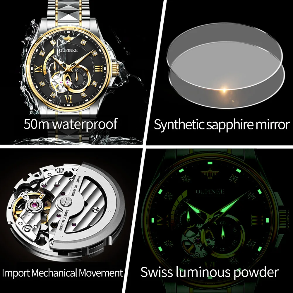 OUPINKE Men Automatic Watches Luxury Tungsten steel Skeleton  Self-Winding Watches Sapphire Swiss Mechanical Movement Watch 3245