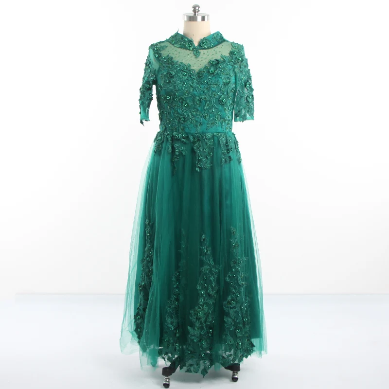 

Evening Dresses Green Appliques High Collar Half Sleeves Ankle Length A-line Zipper Back Plus size Party Formal Dress 2022 C1484