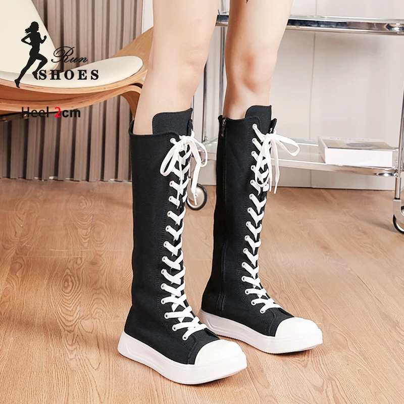 Women High Top Casual Canvas Shoes Spring Autumn Knee-High Boots Lace-up Zipper Ladies Comfort Flats Vulcanize Sneakers 36-43