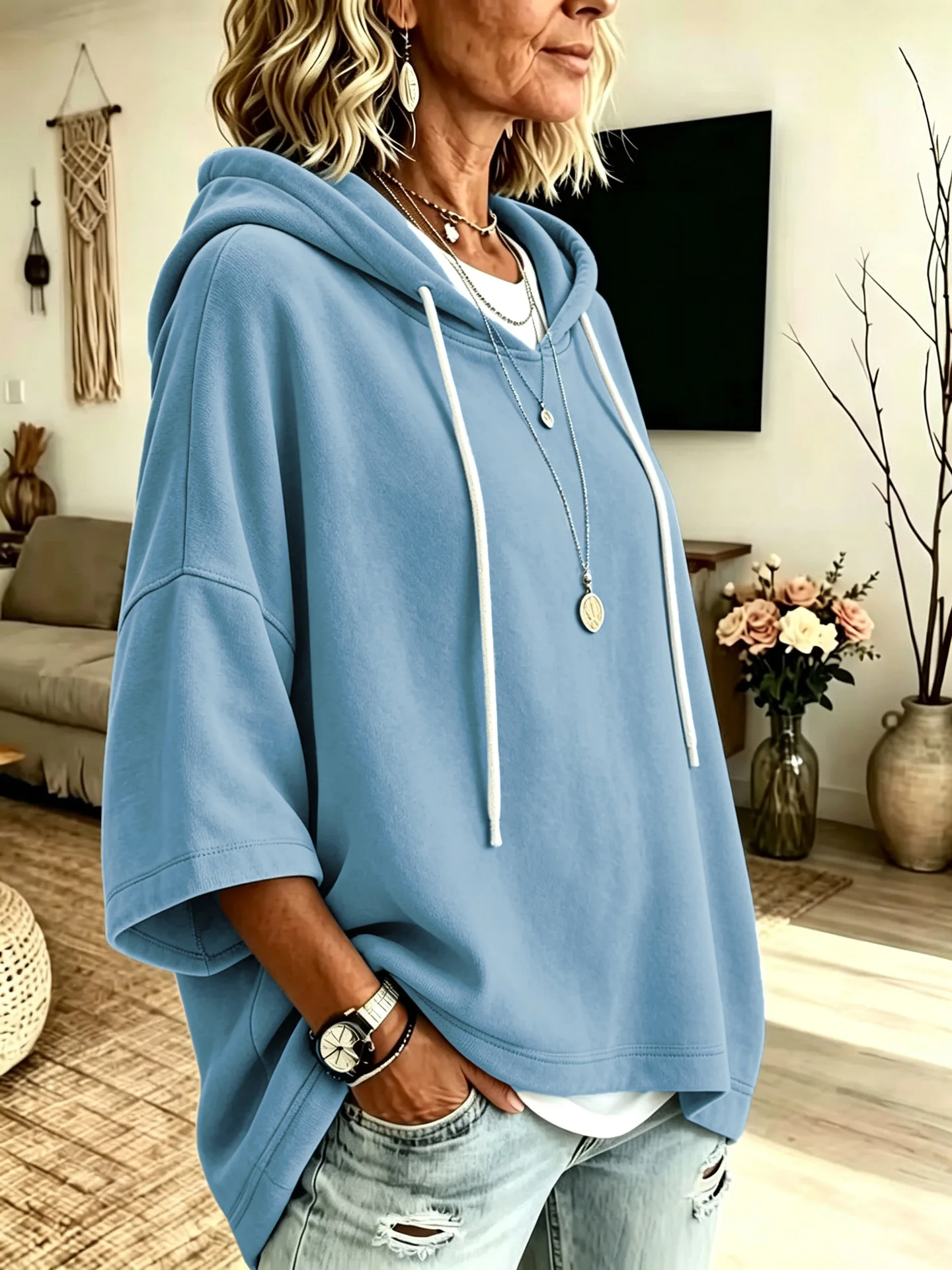 Einfarbiger Damen-Hoodie mit 3/4-Ärmeln, Lässiger Lockerer Pullover für Herbst und Winter – Detail 21