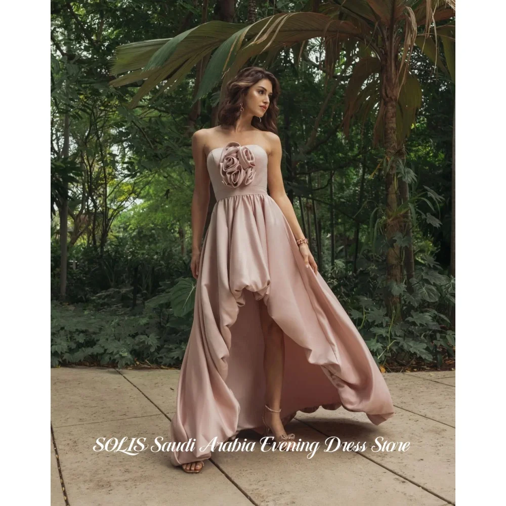 

SOLIS Blush Pink Strapless Prom Dress Satin Evening Dress with 3D Floral Applique, High-Low Hem A-Line Party Dress Customized