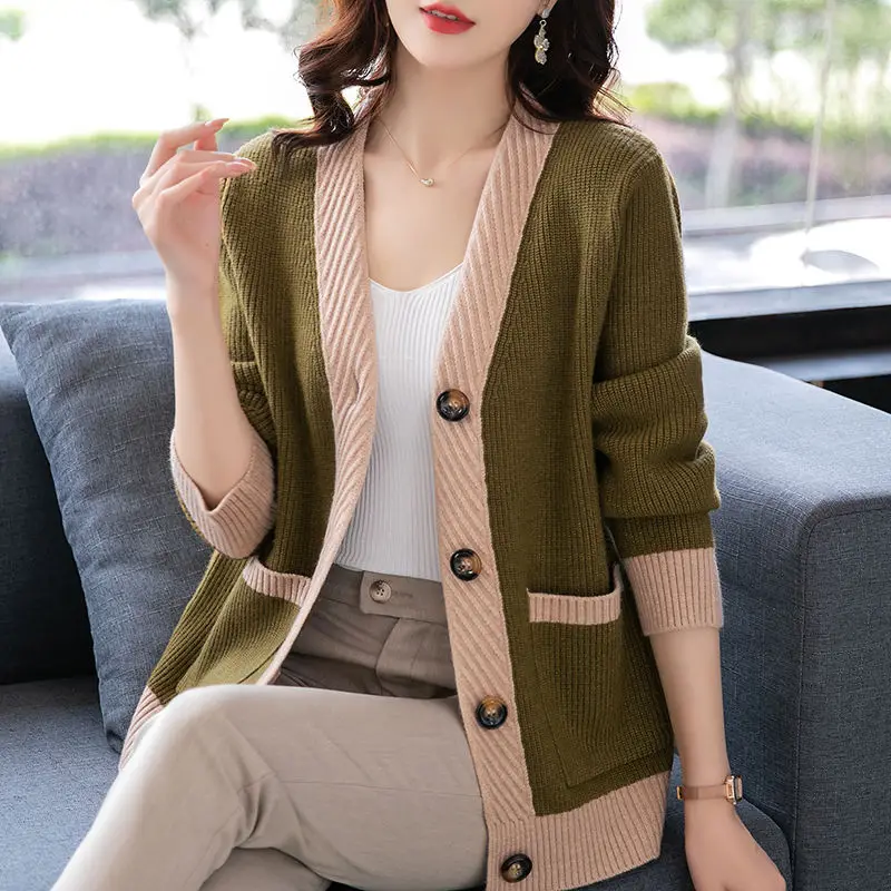 Spring and Autumn New Loose Button Colored Cardigan Women Korean Casual Fashion V-neck Thread Long Sleeve Sweater Knit Coat Top