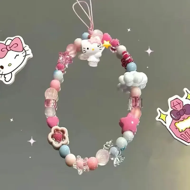 Sanrio Cute Love Angel Hello Kitty Beaded Phone Chain Girl Heart Decorated Hanging Chain Backpack Lanyard Y2K Phone Accessories