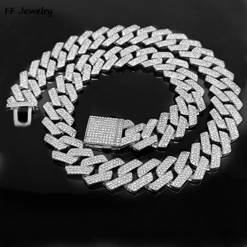 20mm Iced Out CZ Stone Men jewelry Hip Hop Micro Pave Cuban Link Chain High Quality Heavy Chunky Necklace 3 Rows Cubic Zirconia