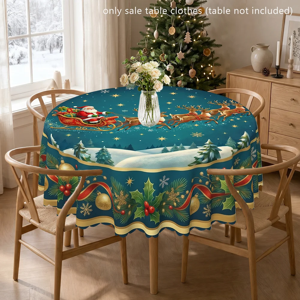 Santa Claus sleigh and reindeer Christmas polyester printed tablecloths, round tablecloths