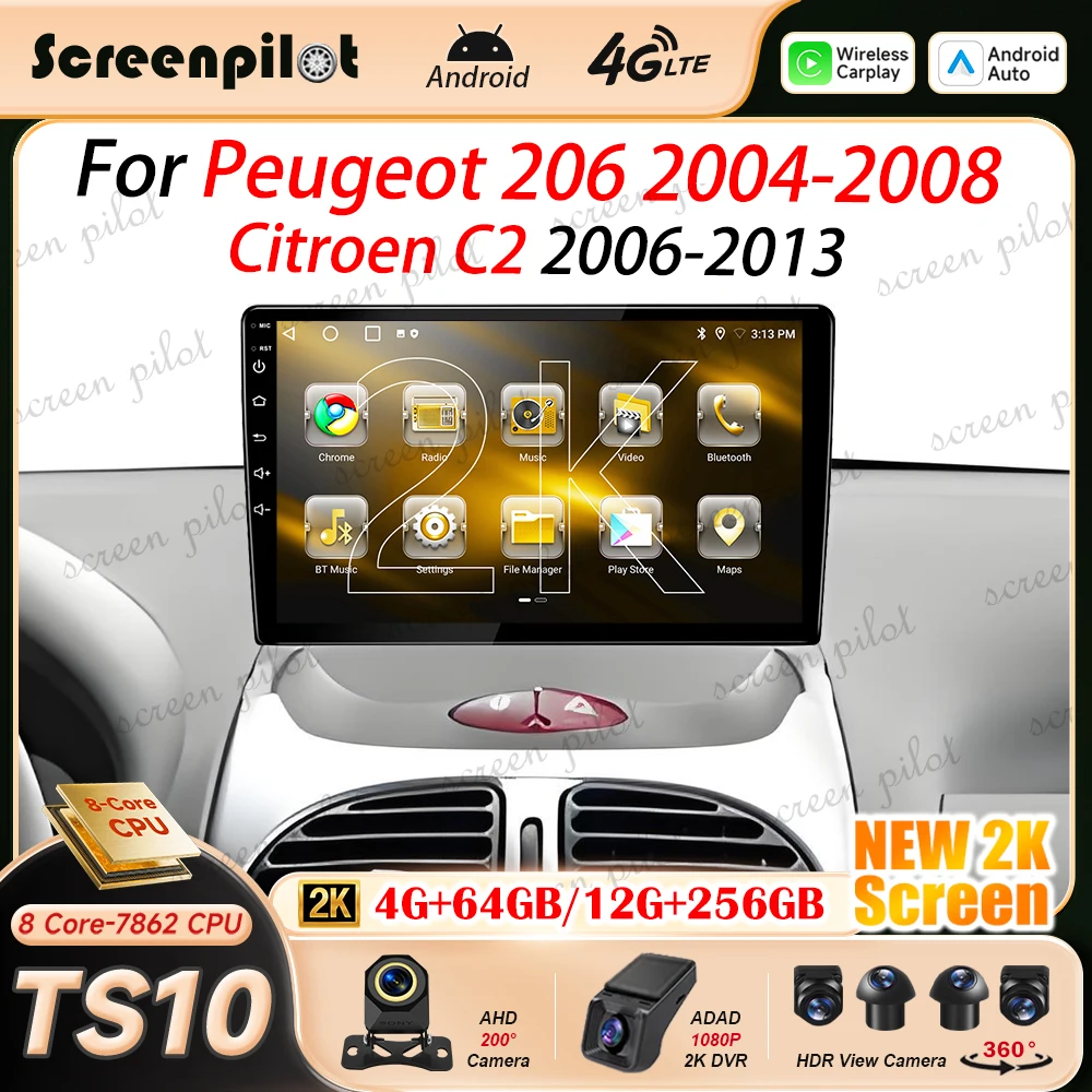 Android 16 Car Radio Stereo For Peugeot 206 2004-2008/Citroen C2 2006-2013 2K QLED Multimidia Player GPS Carplay Android Auto 5