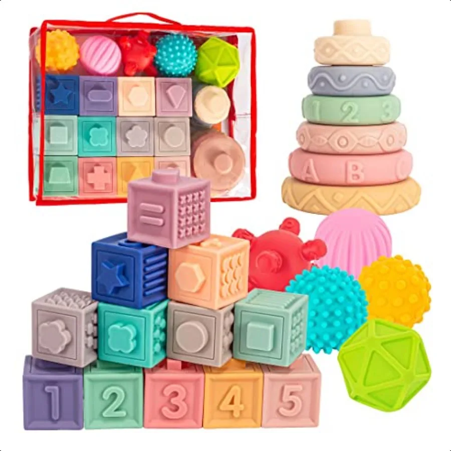 

SpringFlower 3 in 1 Montori Toys for Babies 03612 Months Soft Baby Teething Stacking Building Blocks for Infants Sensory Develo