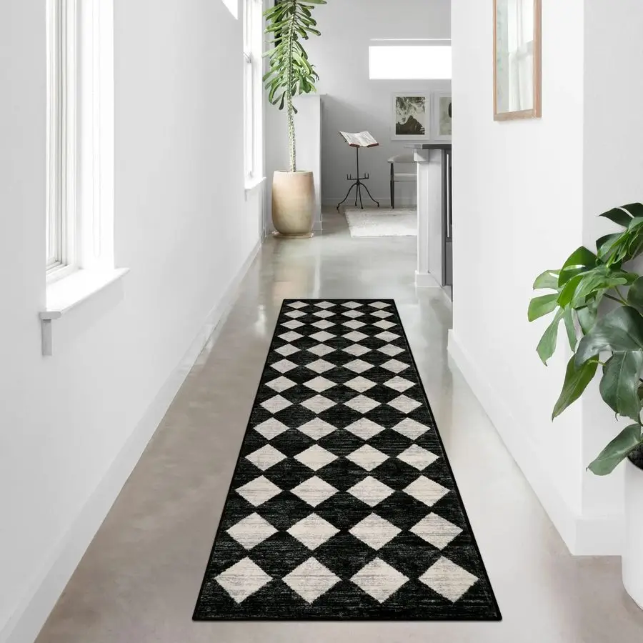 Moroccan Trellis Runner Rug 2x8 Black Hallway Runner Rug with Rubber Backing, Checkered Kitchen Non Skid Carpet Runners Washable