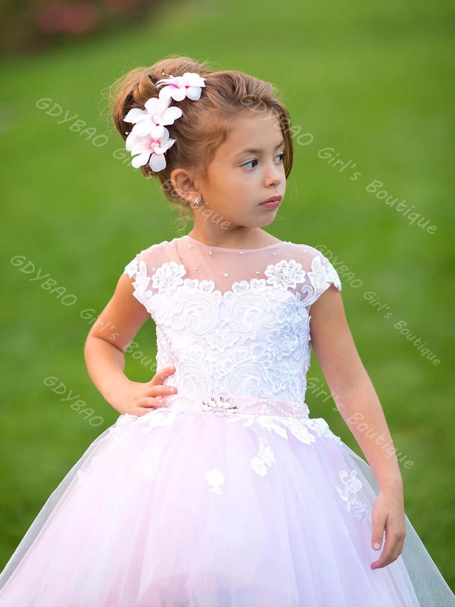 하이 로우 플라워 걸 드레스 웨딩 유아용 비즈 레이스 튤 성찬식 파티 드레스 2-14세 어린이 맞춤형 파티 볼 가운