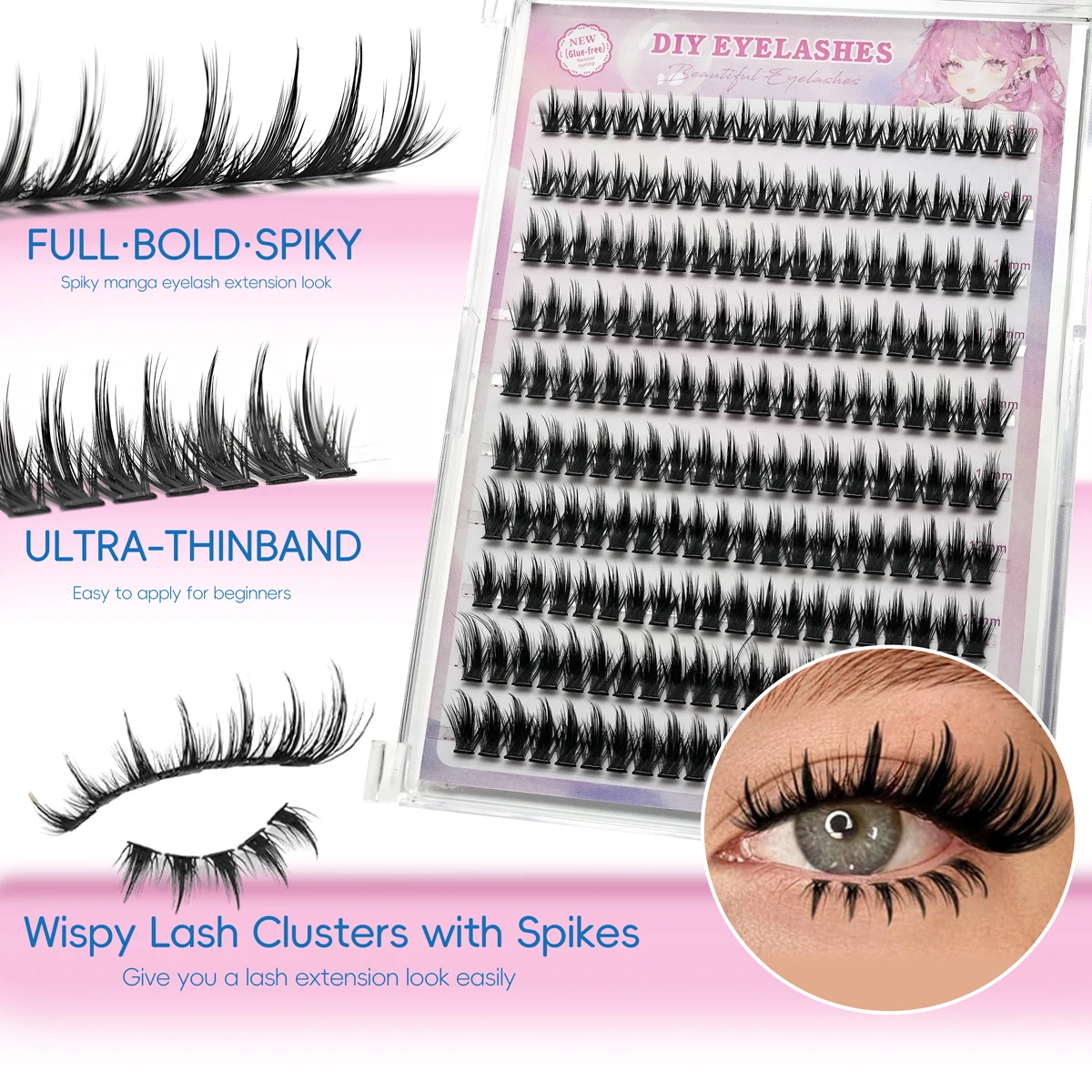 Ultra-fine individual lashes with dense layered texture. 200 clusters large capacity, lightweight and glue-free.