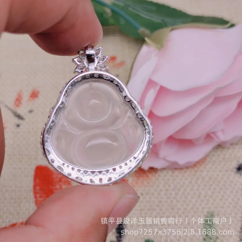 New natural gemstone agate chalcedony pendant, high translucency, S925 sterling silver Laughing Buddha necklace, comparable to j