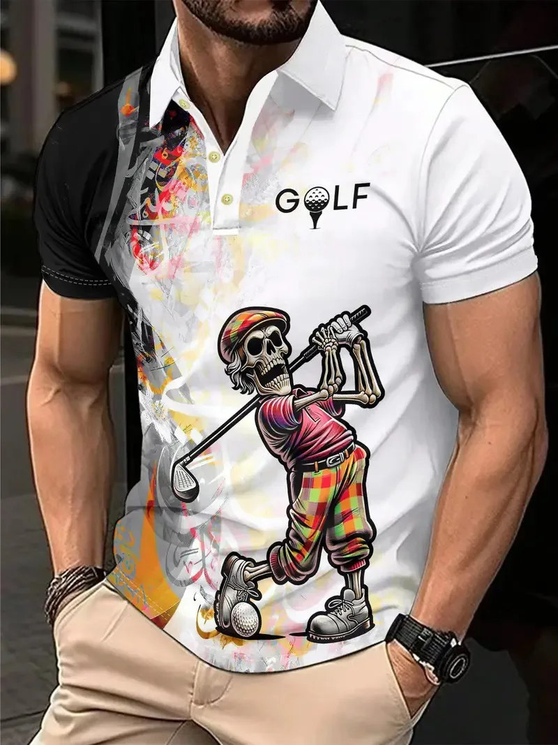 

Men's golf shirt with black and white skull pattern breathable short sleeved casual golf outdoor sports activity men's clothing