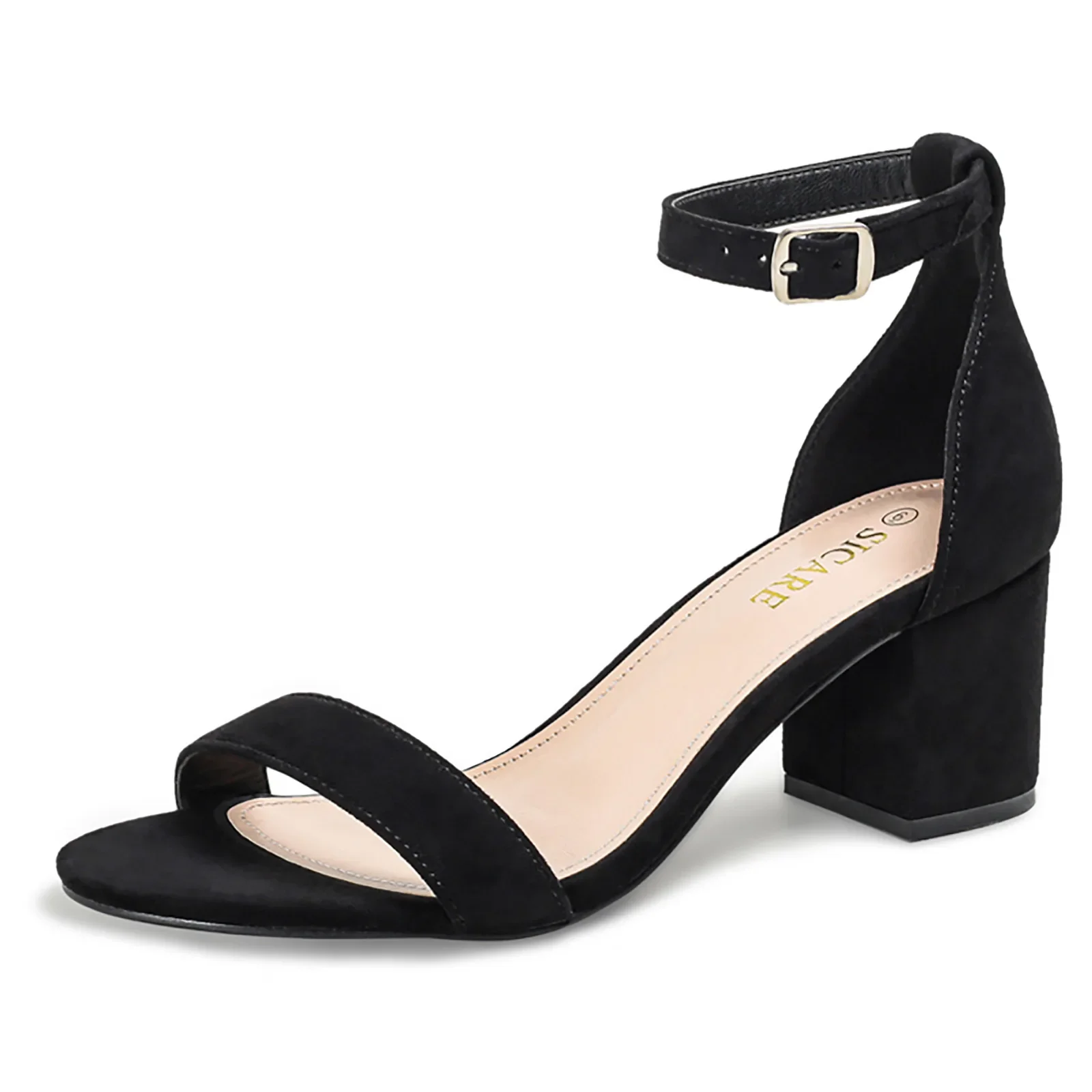 For Essentials Womens High Heel Nola Open Toe Buckle Closure Black Faux Suede 13