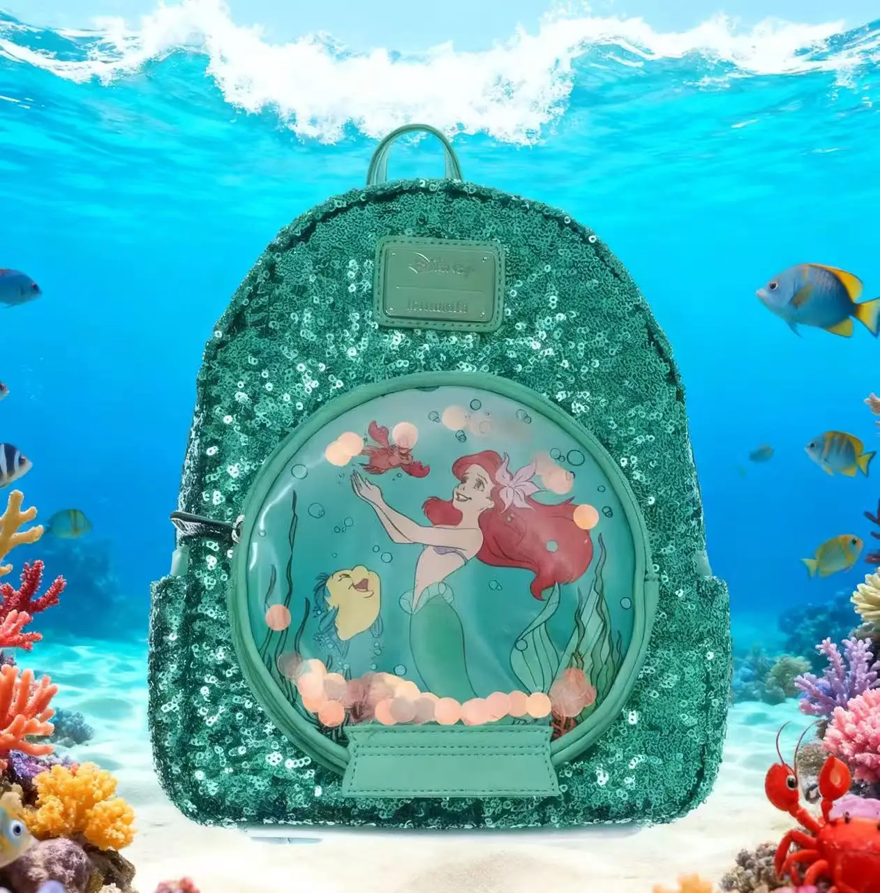 

The Little Mermaid Ariel Sequined Mini Backpack Cute Green Sparkle Backpack With Cartoon Character Design Women Fashionable Gift