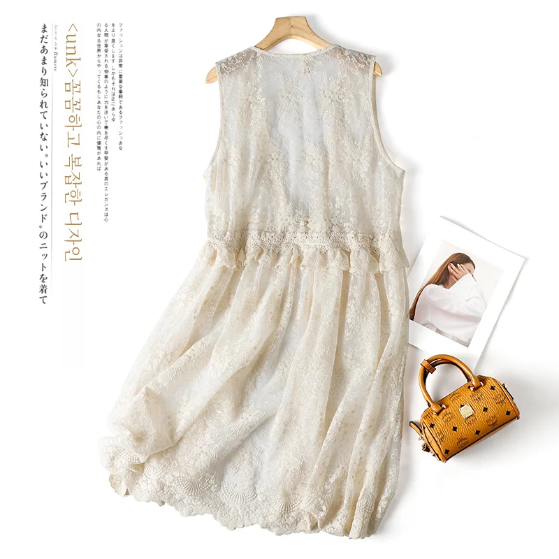 Linmei 2024 Spring New Japan fashion Mori Girl Lace Embroidery Stacked Vest Dress Lace-up Waist Hugging Outdoor Dress