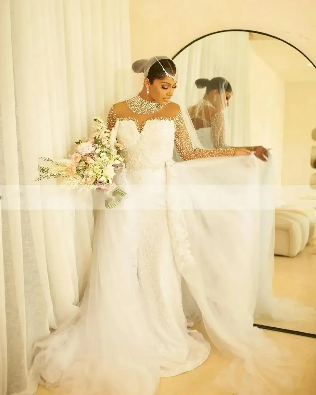 Customized  High Collar  Long  Sleeves  Wedding Dress with Removable Skirt Vestido De Noiva Sparkly Beads Sequins Bridal  Gowns
