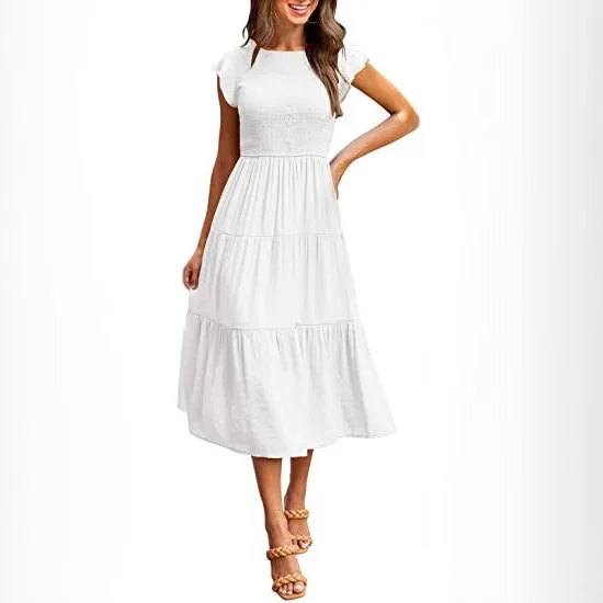 2026 verão novo vestido feminino com mangas esvoaçantes reunidas em camadas mangas curtas doce e balanço completo