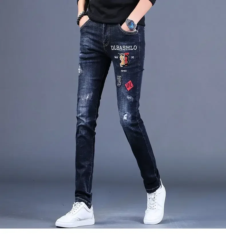 Korea Version Men’s Noble Blue Jeans, High Quality Slim Stretch Jeans,Light Luxury Embroidery Jeans, Sexy Ripped Street Jeans;