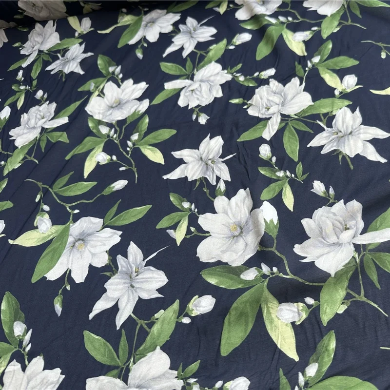 

1 meter 95% Mulberry Silk 5% Spandex 14 momme Georgette Silk Fabric Navy Blue Floral Printed 103cm 40.5" wide by the yard JN245