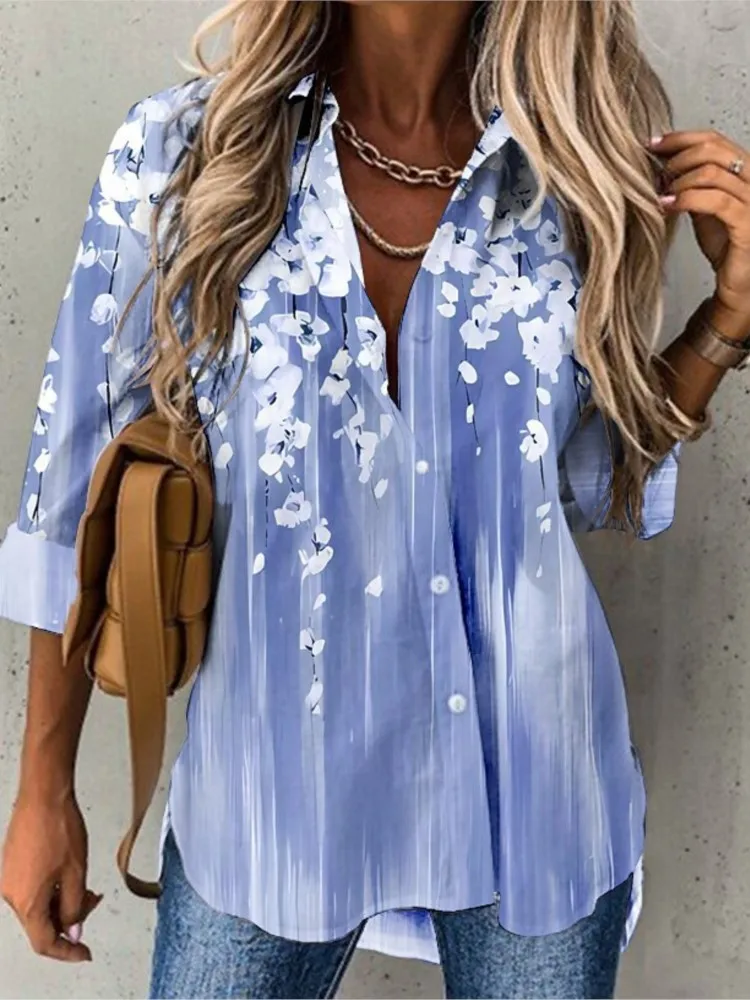 

Women Fashion Floral Print Shirts Casual Long Sleeve Lapel Chic Shirt Tops Female Spring Summer Elegant Buttons Ladies Cardigan
