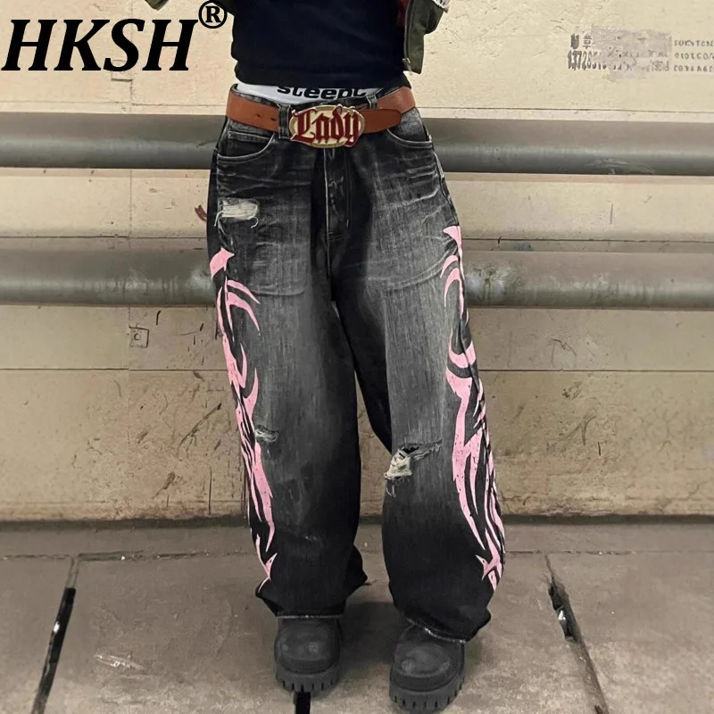 

HKSH Весенне-Осенние новые мужские свободные джинсы в американском стиле с принтом High Street, модные повседневные широкие брюки с дырками HK14121