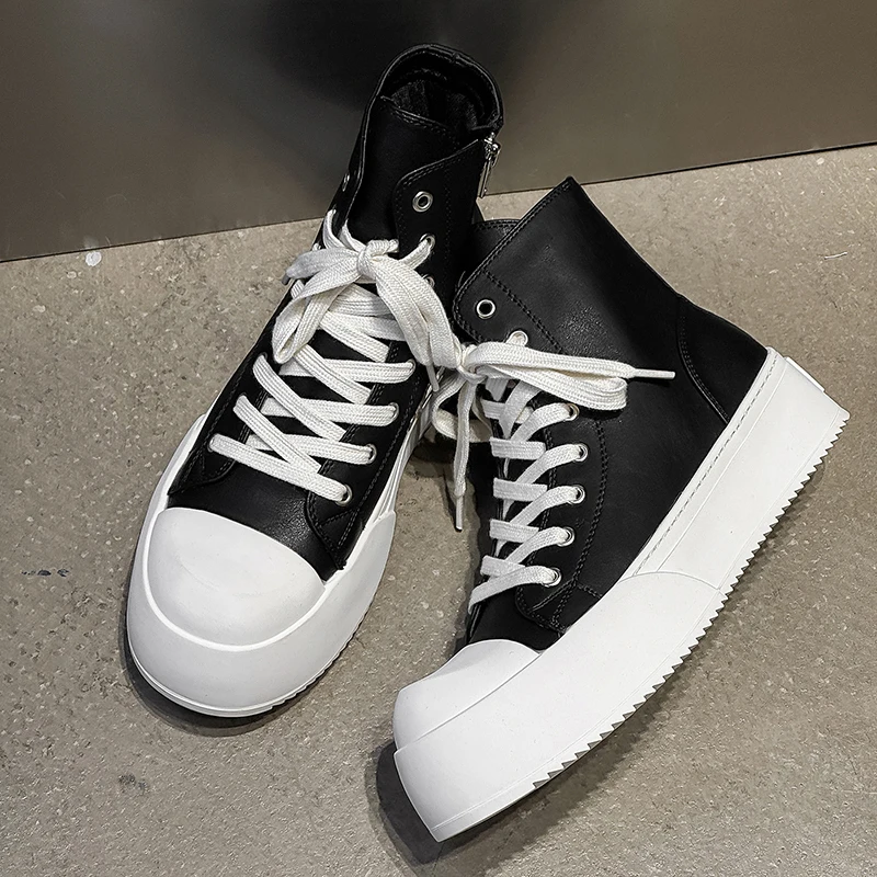 Celebrity Style Black High Top Men Shoes Thick Sole Height Increasing Couple Casual Round Toe High-end Short Boots