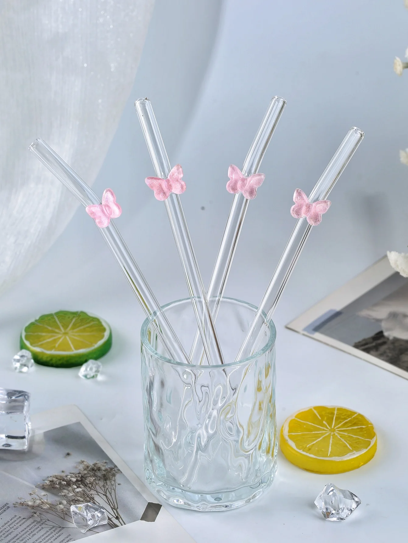 5/10PCS Pink Butterfly Curved Straw, Wedding Table Accent, Romantic & Holiday Presents,Valentine, wedding , Halloween, Christmas