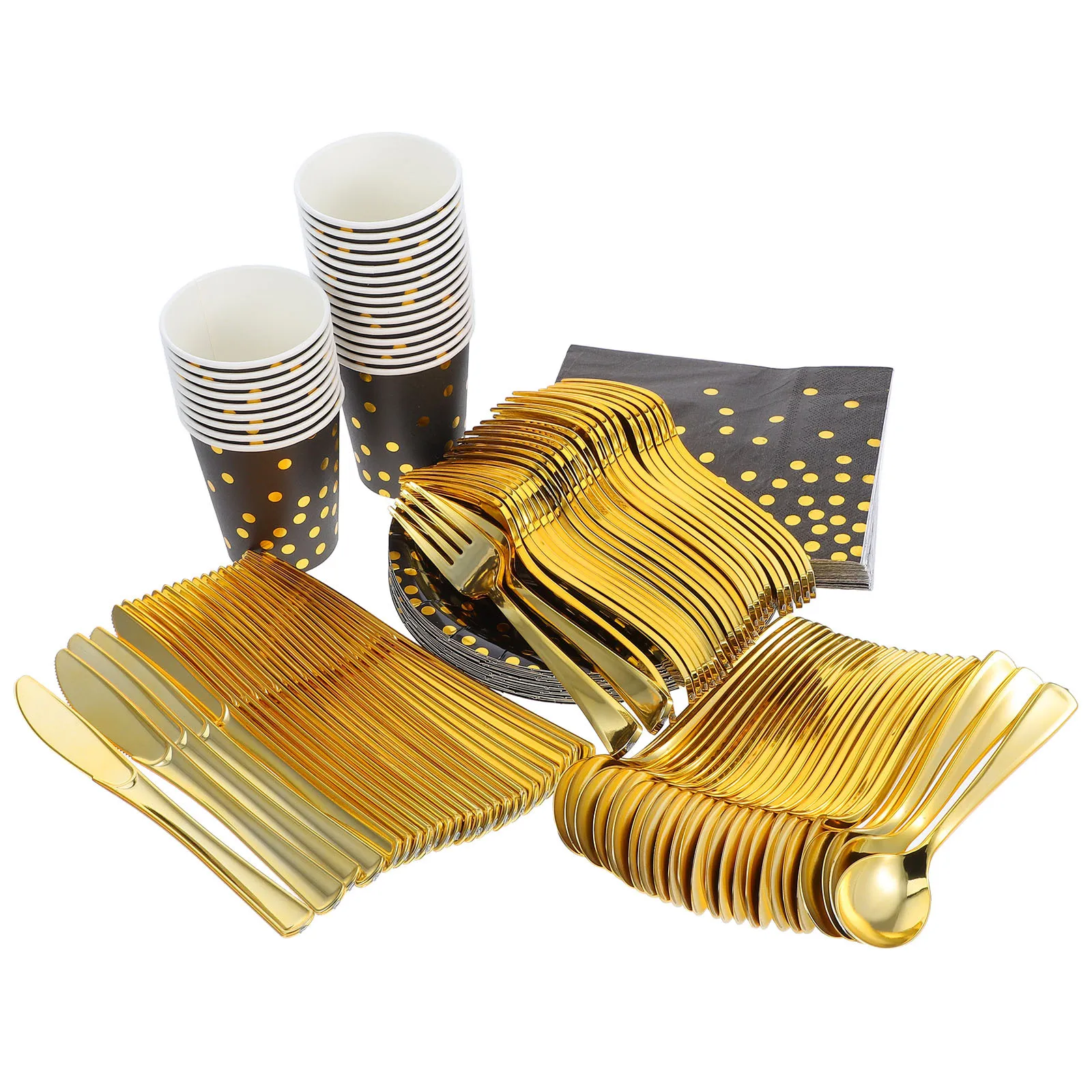 

24Sets Black Gold Party Tableware Disposable Paper Plates Cups Napkins Forks Spoons Knife for Graduation Birthday Party