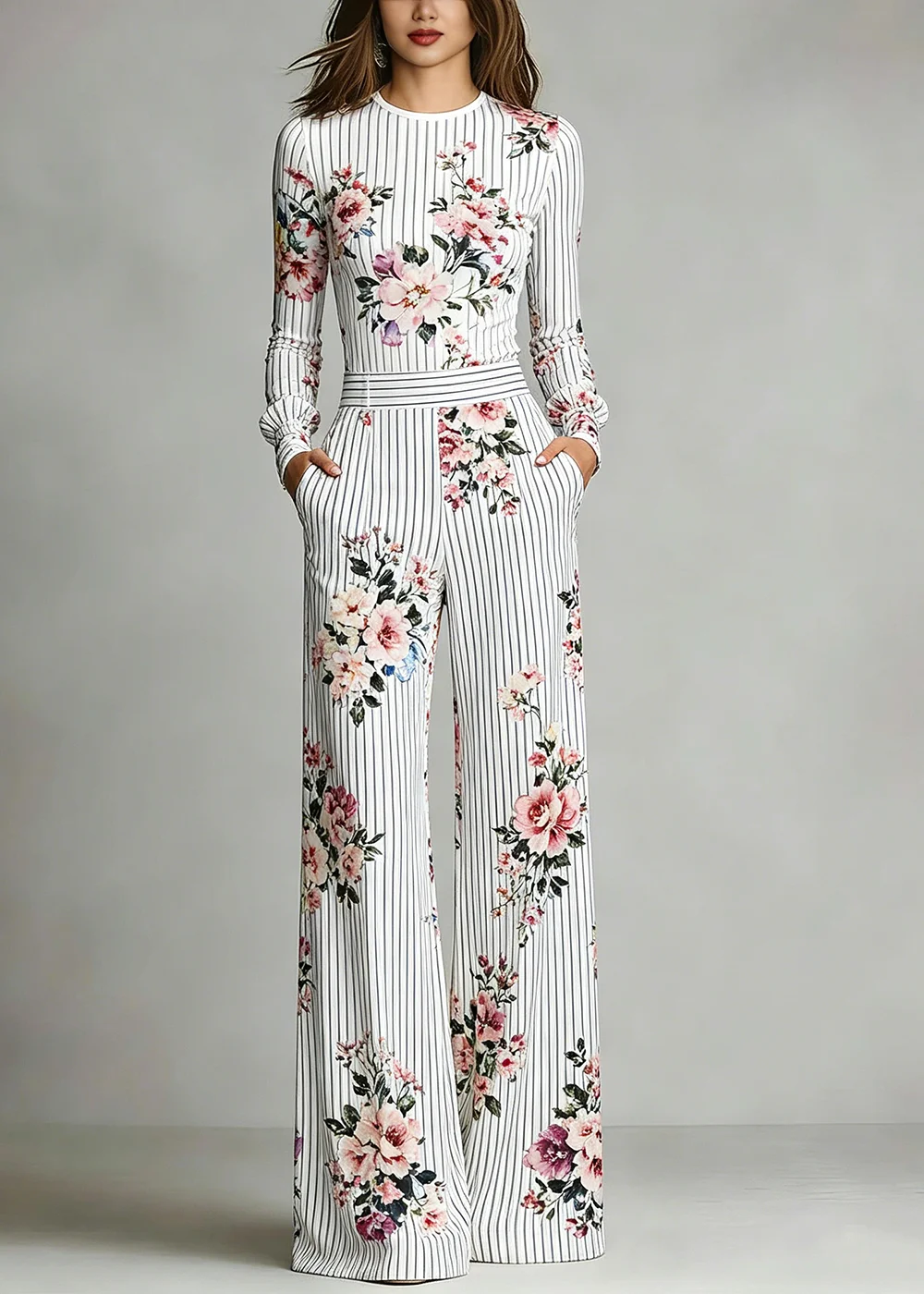 

Women's Fashion Autumn Print Set Floral Stripe Long Sleeve Fitted Top High Waist Pocket Wide Leg Pants Elegant Office Wear