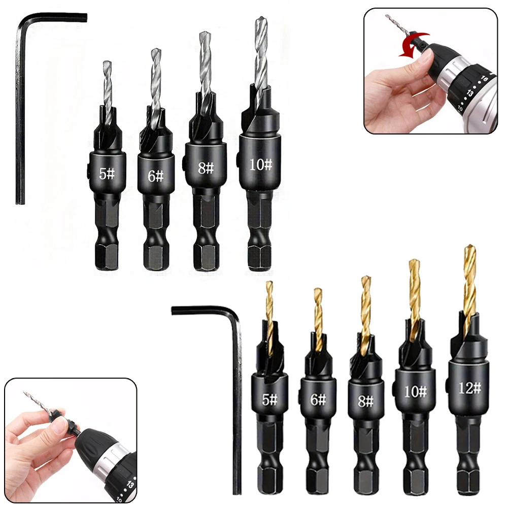 

9 Piece Countersink Bit Set Designed for Woodworking with Adjustable Depth and Quick Change Drill Compatibility